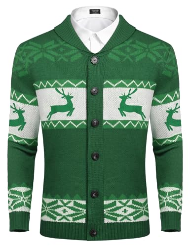 COOFANDY Herren Weihnacht Strickjacke Cardigan Winter V-Ausschnitt Pullover Lustig Hässlich Weihnachtspullover Grün XL von COOFANDY
