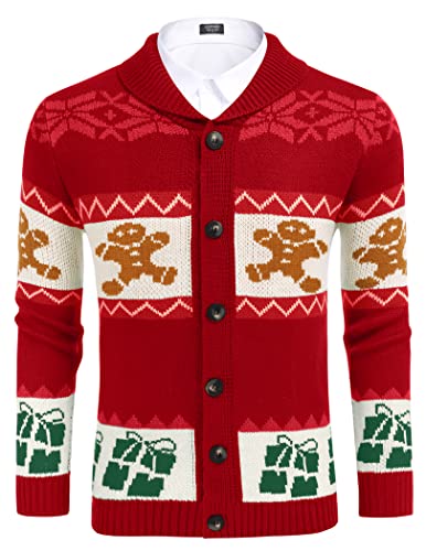 COOFANDY Herren Weihnachten Cardigans Ugly Xmas Sweaters Rentier Schneeflocke Schalkragen Strickjacke Pullover, Rote Lebkuchen, Groß von COOFANDY