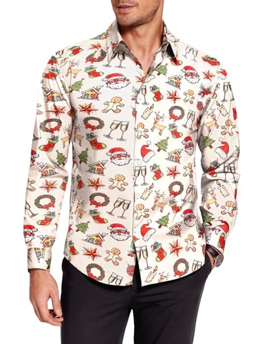 COOFANDY Herren Weihnachts Hemd 3D Druck Weihnachtshemd Lustige Funky Hemden Print Hemd Weihnachten Muster Christmas Hemden Langarmhemd Weihnachten Party Weihnachten Weiß L von COOFANDY