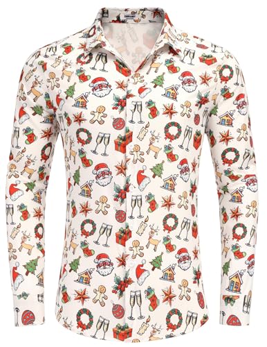 COOFANDY Herren Weihnachts Hemd 3D Druck Weihnachtshemd Lustige Funky Hemden Print Hemd Weihnachten Muster Christmas Hemden Langarmhemd Weihnachten Party Weihnachten Weiß S von COOFANDY