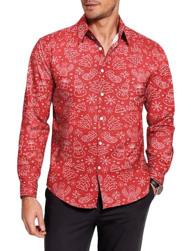 COOFANDY Herren Weihnachts Hemd Langarmhemd Weihnachtsdruck Weihnachtshemd Lustige Funky Hemden Print Hemd Freizeithemd Weihnachtsmann Muster Xmas Hemden Weihnachten Rot XXL von COOFANDY