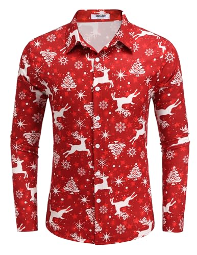 COOFANDY Herren Weihnachts Hemd Lustige Funky Christmas Print Hemd Langarmhemd 3D Gedruckte Weihnachtshemden Xmas Hemden Weihnachtsmotiv Bunt Hemden Weihnachten Rot L von COOFANDY