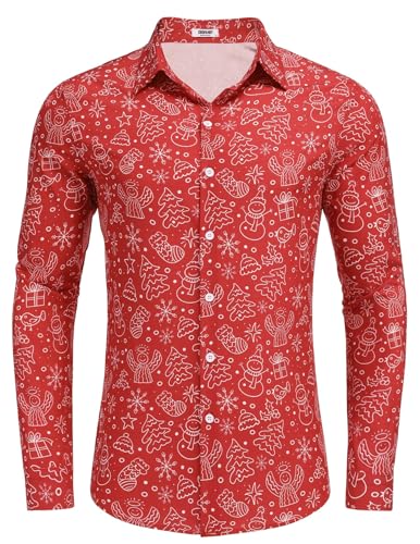 COOFANDY Herren Weihnachts Hemd Lustige Funky Hemden Print Hemd Langarmhemd Weihnachtsdruck Weihnachtshemd Freizeithemd Weihnachtsmann Muster Xmas Hemden Weihnachten Rot L von COOFANDY