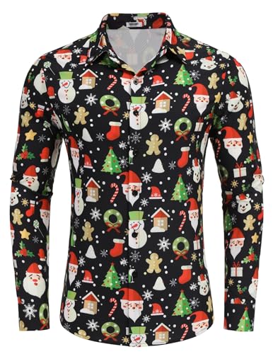 COOFANDY Herren Weihnachts Hemd Lustige Gedruckte Weihnachtshemden Funky Christmas Print Hemd Xmas Hemden Langarmhemd Weihnachtsmotiv Bunt Hemden Weihnachten Schwarz XXL von COOFANDY