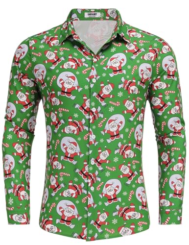 COOFANDY Herren Weihnachtshemd 3D Bedruckte Weihnachts Hemd Freizeithemd mit Festlichem Design Festival Hemd Weihnachtsmotiv Funky Weihnachts Shirt Langarm Weihnachten Grün XL von COOFANDY