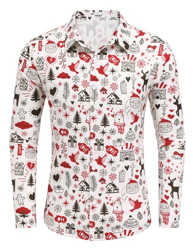 COOFANDY Herren Weihnachtshemd 3D Druck Weihnachts Hemd Freizeithemd mit Festlichem Design Festival Hemd Weihnachtsmotiv Funky Weihnachts Shirt Langarm Weihnachten Weiß XXL von COOFANDY