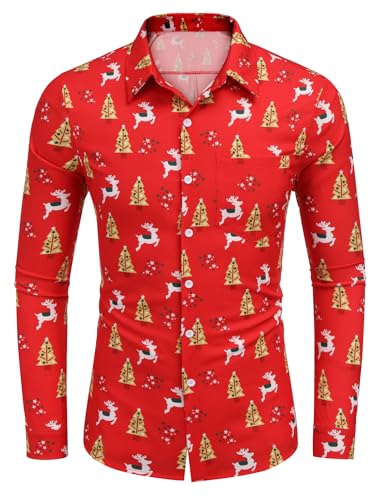 COOFANDY Hemd Herren Weihnachtshemd Langarm Gedruckte Christmas Shirt Weihnachten Hemden Männer Langarmhemd Rot 3XL von COOFANDY