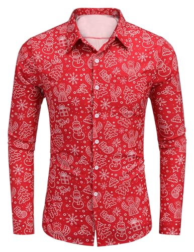 COOFANDY Weihnachtshemd Hemden Herren Langarm Gedruckte Weihnachten Hemden Christmas Freizeithemd Festival Hemd Männer Dunkelrot XXL von COOFANDY