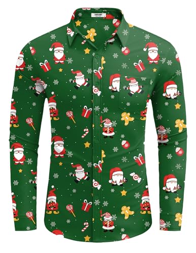COOFANDY Herren Weihnachtshemd Langarm Gedruckte Weihnachten Freizeithemd Funky Christmas Hemd mit Taschen Grün 4XL von COOFANDY