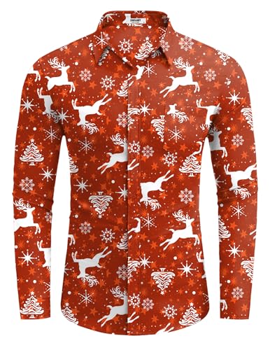 COOFANDY Herren Weihnachtshemd Langarm Gedruckte Weihnachten Freizeithemd Funky Christmas Hemd mit Taschen Rot XXL von COOFANDY