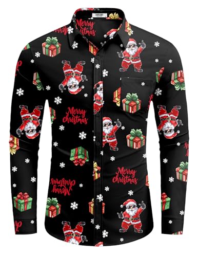 COOFANDY Herren Weihnachtshemd Langarm Gedruckte Weihnachten Freizeithemd Funky Christmas Hemd mit Taschen Schwarz XL von COOFANDY