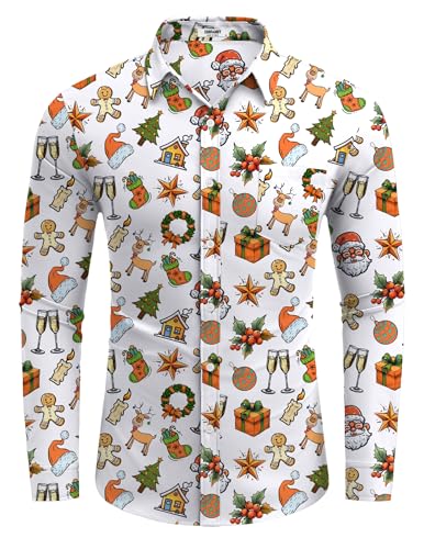 COOFANDY Herren Weihnachtshemd Langarm Gedruckte Weihnachten Freizeithemd Funky Christmas Hemd mit Taschen Weiß 5XL von COOFANDY