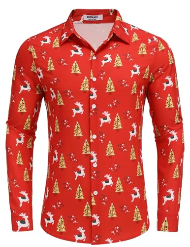 COOFANDY Herren Weihnachtshemd Langarm Weihnachts Hemd Freizeithemd Weihnachten Muster Xmas Hemd Festival Hemden Weihnachtsmotiv Lustige Christmas Shirt Weihnachten Rot 3XL von COOFANDY