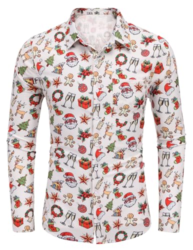 COOFANDY Herren Weihnachtshemden Weihnachten Muster 3D Bedruckte Hemd Langarm Christmas Shirt Funky Christmas Print Freizeithemd Casual Slim Fit Weiß XXL von COOFANDY