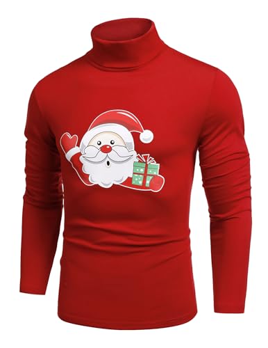 COOFANDY Herren Weihnachtspullover 3D Druck Weihnachts Pullover Norwegerpullover Christmas Sweater Rollkragenpullover Rollkragenshirt Party Weihnachtsmannrot 3XL von COOFANDY