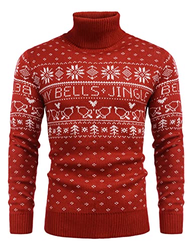 COOFANDY Herren Weihnachtspullover Lustige Strick Hässlicher Christmas Sweater Norweger Pullover mit Rollkragen Rot M von COOFANDY