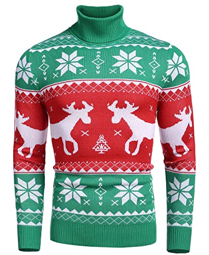 COOFANDY Herren Weihnachtspullover Rollkragenpullover Christmas Sweater Norweger Pullover Rollkragen Norwegerpullover Feinstrick Strickpullover Turtleneck Weihnachtsgrün L von COOFANDY