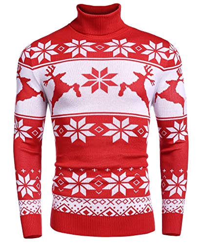 COOFANDY Herren Weihnachtspullover Strickpullover Rollkragenpullover Norweger Pullover Winterpullover für Männer Winter Pullover Warme Turtleneck Weihnachtsrot S von COOFANDY