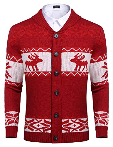 COOFANDY Herren Weihnachtspullover Winter Strick Cardigan Langarm Ugly Christmas Sweater Weihnachtspulli Lustige Weihnacht Pullover mit V Ausschnitt Rot L von COOFANDY