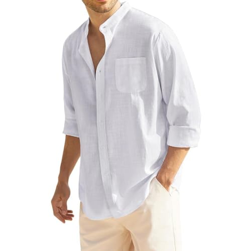 COOFANDY Hemd Herren Langarm ohne Kragen Sommer Hemden mit Brusttasche Regular Fit Hawaiihemd Langarmshirt Button Down Freizeit Sommer Hemden für Männer Weiß XXXL von COOFANDY