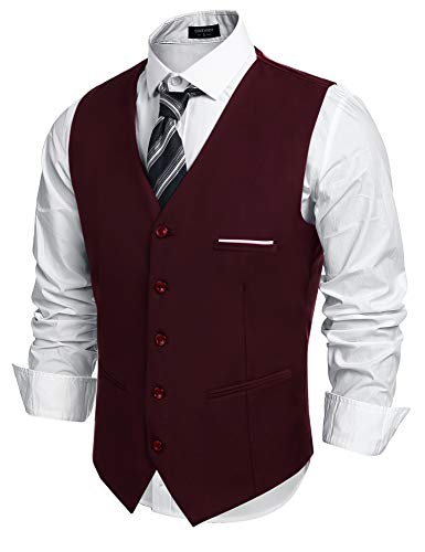 COOFANDY Herren Weste Anzug V-Ausschnitt Formale Hochzeit Klassische Slim fit Baumwolle Einfarbige Elegant Westen Business Party Weste Weinrot M von COOFANDY