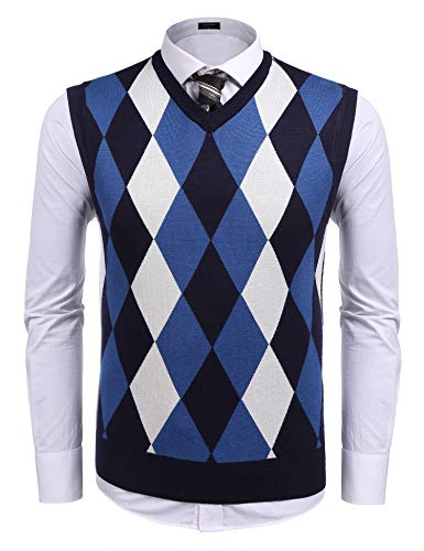 COOFANDY Herren Weste Pullunder Strickweste V-Ausschnitt Argyle MusterHerbst Winter Knitted Vest Men Marine M von COOFANDY