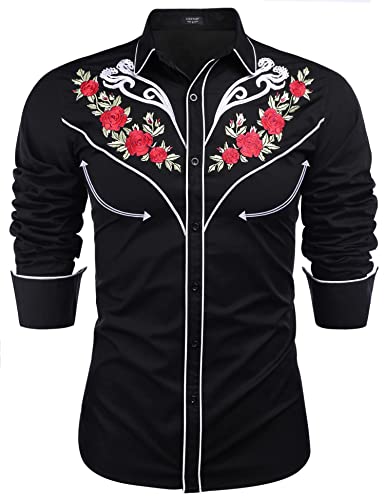 COOFANDY Herren Western Cowboy Hemd Bestickt Langarm Baumwolle Casual Button Down Hemd, Schwarz (Retro Rose), L von COOFANDY