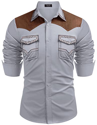 COOFANDY Western-Cowboy-Hemd für Herren, bestickt, langärmelig, schmale Passform, lässig, Baumwolle, Button-Down-Hippie-Shirt, mit Taschen, GRAU, XL von COOFANDY