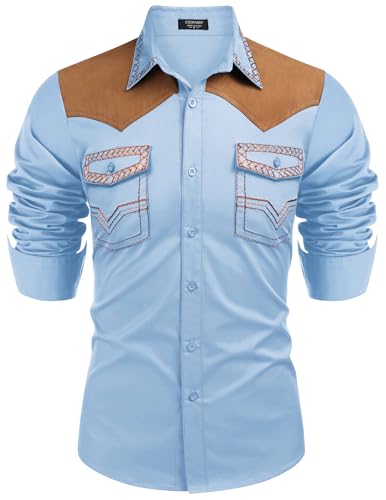 COOFANDY Western-Cowboy-Hemd für Herren, bestickt, langärmelig, schmale Passform, lässig, Baumwolle, Button-Down-Hippie-Shirt, mit Taschen, Hell, blau, XX-Large von COOFANDY