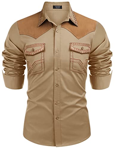 COOFANDY Herren Western Cowboy Hemd Bestickt Langarm Slim Fit Casual Baumwolle Button Down Hippie Shirts mit Taschen, Hellkhaki, XX-Large von COOFANDY