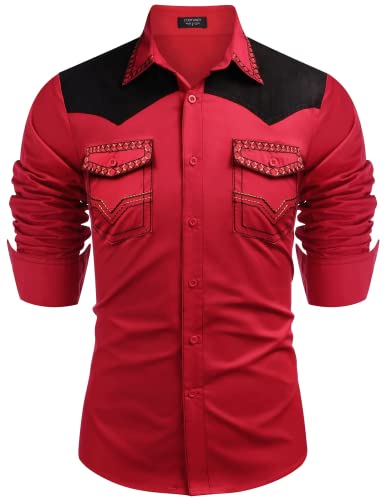 Coofandy Western-Cowboy-Hemd für Herren, Bestickt, langärmelig, schmale Passform, lässig, Baumwolle, Button-Down-Hippie-Shirt, mit Taschen, Rot/Ausflug, einfarbig (Getaway Solids), Mittel von COOFANDY