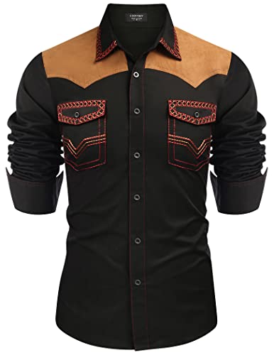 COOFANDY Herren Western-Cowboy-Hemd, bestickt, langärmelig, schmale Passform, lässig, Baumwolle, Button-Down-Hippie-Shirt, mit Taschen, Schwarz, XX-Large von COOFANDY