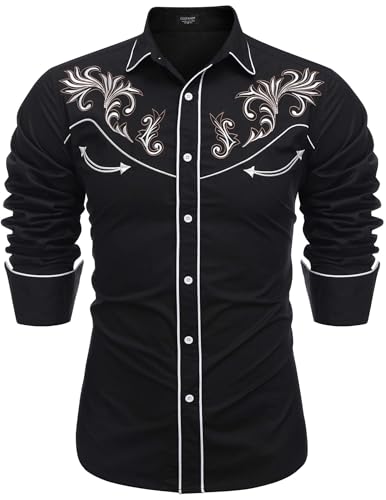 COOFANDY Herren Western Cowboy Hemd Langarm Bestickt Hemd Slim Fit Baumwolle Casual Button Down Hemd, Schwarz (Pat8), Mittel von COOFANDY