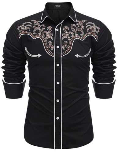COOFANDY Herren Western Cowboy Hemd Langarm Bestickt Hemd Slim Fit Baumwolle Casual Button Down Hemd, Schwarz-Pat9, XL von COOFANDY