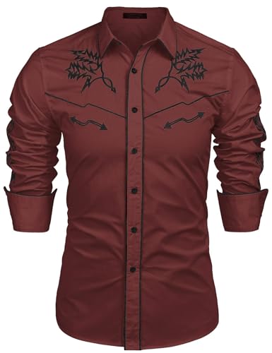 COOFANDY Herren Western Cowboy Hemd Langarm Bestickt Hemd Slim Fit Baumwolle Casual Button Down Hemd, Weinrot, XX-Large COOFANDY Herren Western Cowboy Hemd Langarm Bestickt Hemd Slim Fit Baumwolle Casual Button Down Hemd, Weinrot, XX-Large von COOFANDY