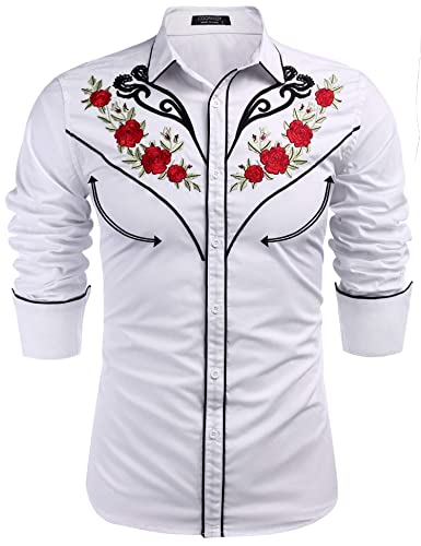 COOFANDY Herren Western Cowboy Hemd Langarm Bestickt Hemd Slim Fit Baumwolle Casual Button Down Hemd, Weiß (Retro Rose), Mittel von COOFANDY