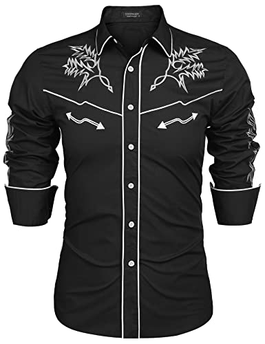 COOFANDY Herren Western Cowboy Shirt Bestickt Langarm Baumwolle Casual Button Down Shirt, 01-Schwarz, Mittel von COOFANDY