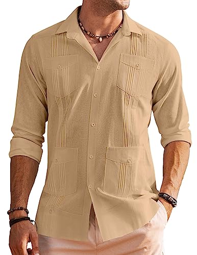 COOFANDY Herren Western Cowboy Shirt Bestickt Langarm Baumwolle Casual Button Down Shirt, Khaki, XL von COOFANDY