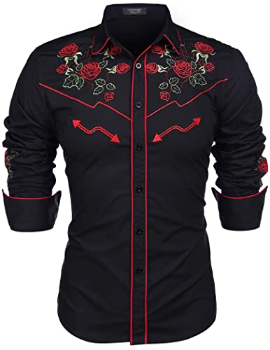 COOFANDY Herren Western Cowboy Shirt Bestickt Langarm Baumwolle Casual Button Down Shirt, Schwarz (Rose), Mittel von COOFANDY