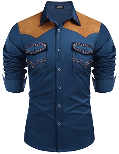 COOFANDY Western-Cowboy-Hemd für Herren, bestickt, langärmelig, schmale Passform, lässig, Baumwolle, Button-Down-Hippie-Shirt, mit Taschen, Blau, XX-Large von COOFANDY