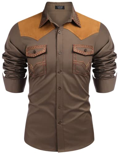 COOFANDY Herren Western Cowboy Shirt Bestickt Langarm Slim Fit Casual Baumwolle Button Down Hippie Shirts mit Taschen, Khaki, Klein von COOFANDY