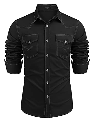 COOFANDY Herren Western Cowboy Shirts Langarm Baumwolle Casual Button Down Arbeitshemd mit Taschen, Black, Mittel von COOFANDY