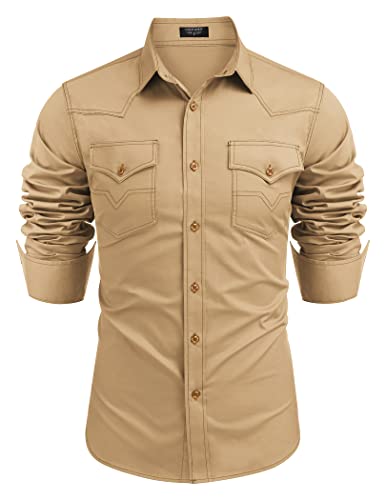 COOFANDY Herren Western Cowboy Shirts Langarm Baumwolle Casual Button Down Arbeitshemd mit Taschen, Khaki-tan, XL von COOFANDY