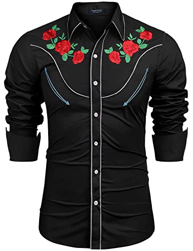 COOFANDY Herren-Westernhemd mit Rosen-Design, Langarm, Button-Down-Shirt, Pure Black, L von COOFANDY