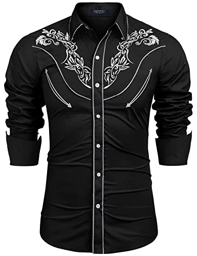 COOFANDY Herren-Westernhemd mit Rosen-Design, Langarm, Button-Down-Shirt, Schwarz (Muster 2), L von COOFANDY