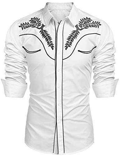COOFANDY Herren Westernhemden Langarm Slim Fit Embroideres Kuh Beiläufiges Hemd Mittel Weiß1 von COOFANDY
