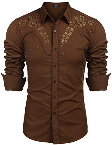 COOFANDY Herren Westernhemden Langarm Slim Fit Stickereien Cowboy Casual Button Down Shirt, 01-Kaffee (Muster 1), L von COOFANDY