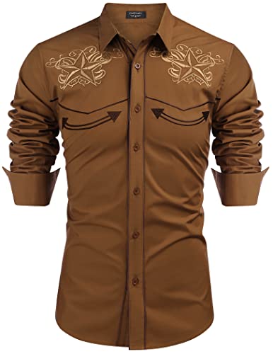 COOFANDY Herren Westernhemden Langarm Slim Fit Stickereien Cowboy Casual Button Down Shirt, Brauner Stern, L von COOFANDY