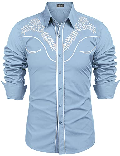 COOFANDY Herren Westernhemden Langarm Slim Fit Stickereien Cowboy Casual Button Down Shirt, Light Blue, XX-Large von COOFANDY