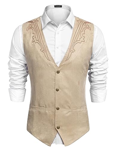 COOFANDY Herren Wildleder Anzugweste Casual Westernweste Jacke Slim Fit Weste Weste Weste, Beige (mit Muster), XX-Large von COOFANDY